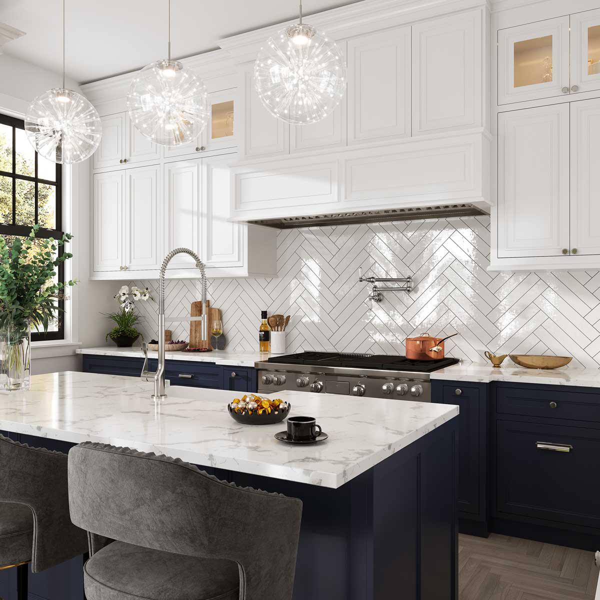 Navy blue cabinets and long white ceramic subway tiles
