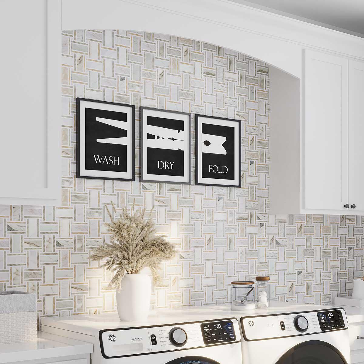 Large Basket Weave Calacatta Gold Laundry Room Backsplash