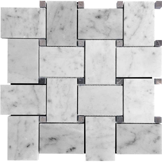 Large Basket Weave Carrara & Beige Dot Polished Marble Tile Sample