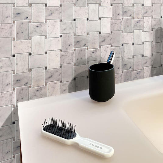 Large Basket Weave Carrara & Beige Dot Polished Marble Tile | Tile Club