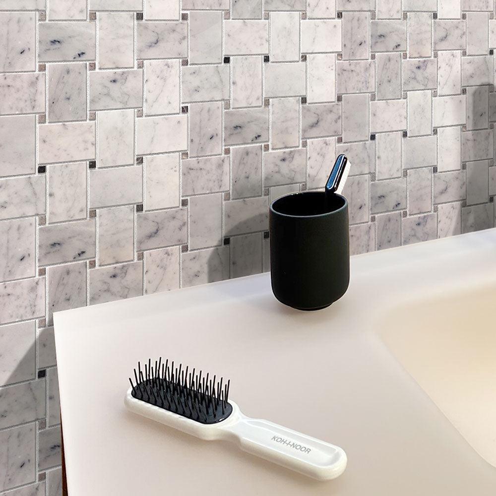 Large Basket Weave Carrara & Beige Dot Polished Marble Tile | Tile Club