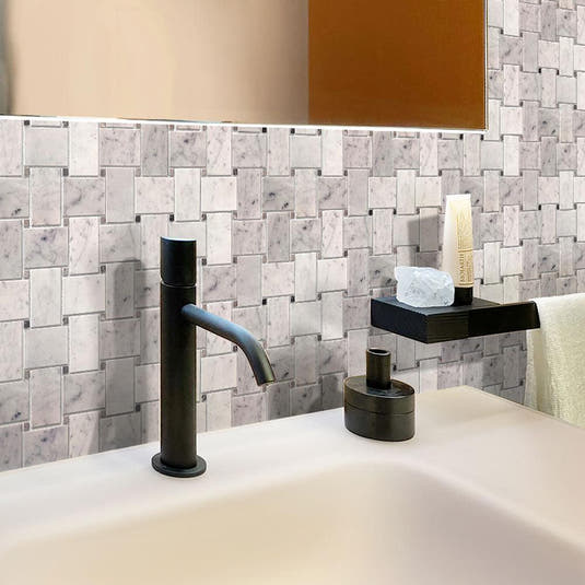 Large Basket Weave Carrara & Beige Dot Polished Marble Tile | Tile Club