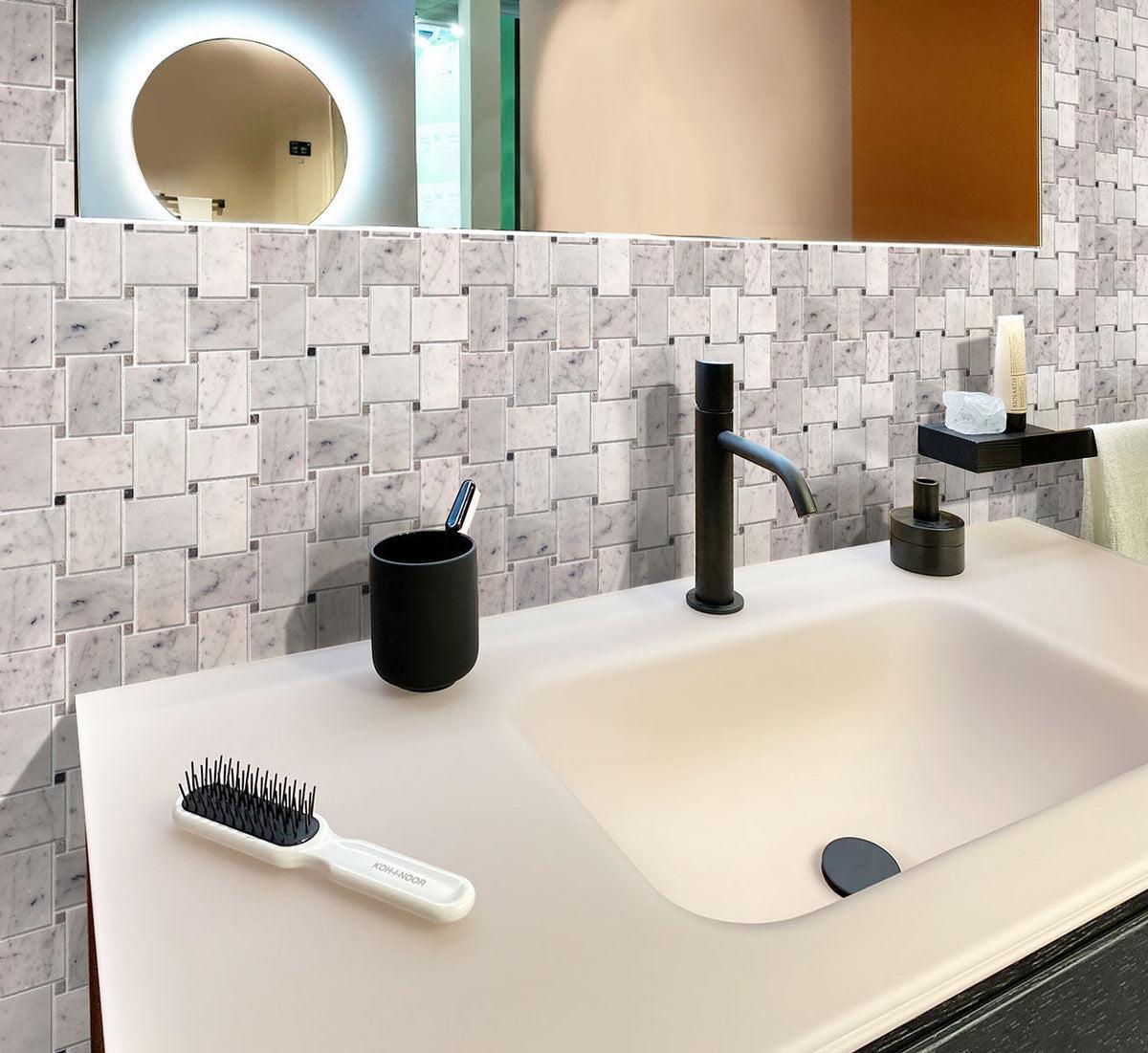Black & White bathroom with Large Basket Weave Carrara & Beige Dot Polished Marble Tile backsplash
