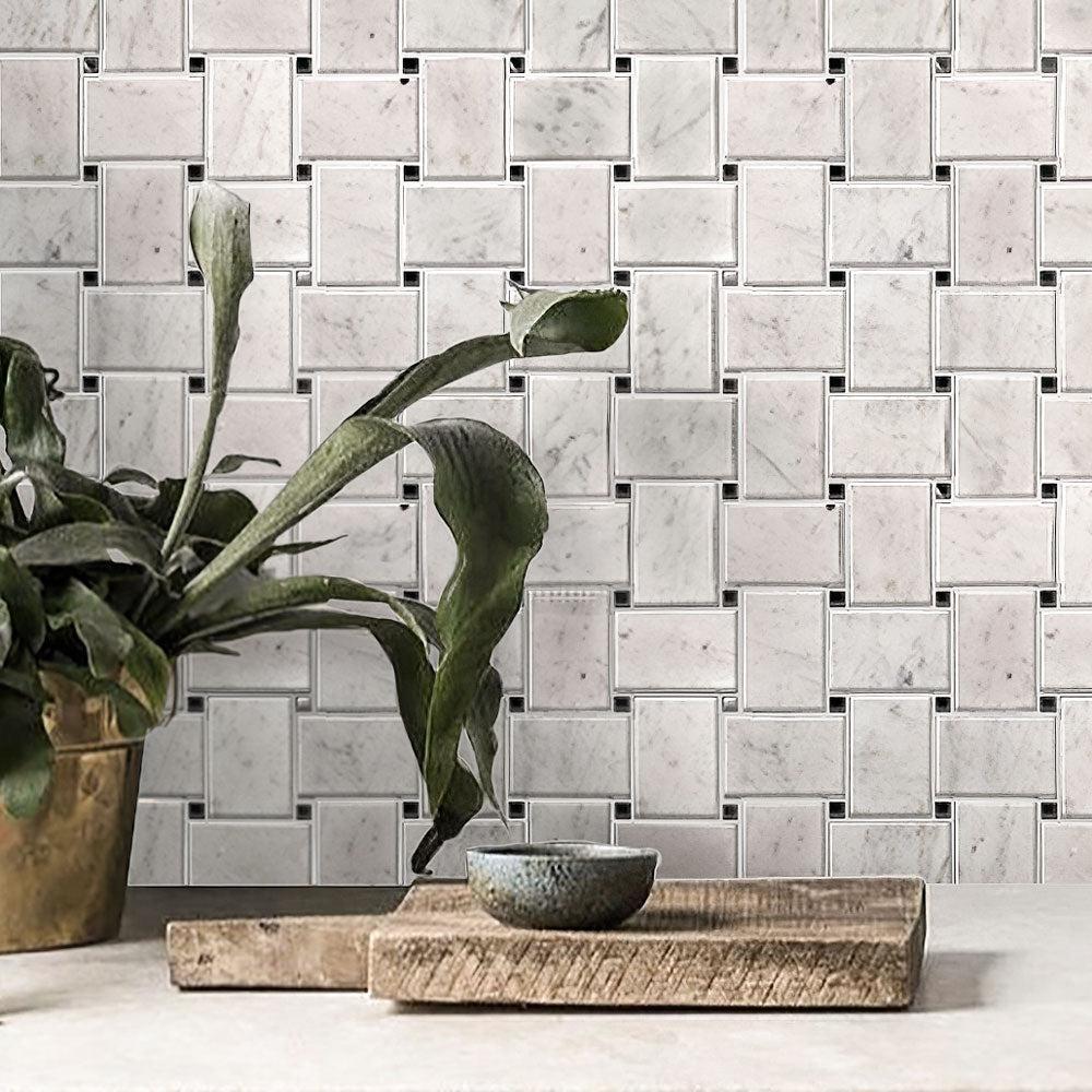 Large Basket Weave Carrara With Black Dot Polished Marble Tile | Tile Club