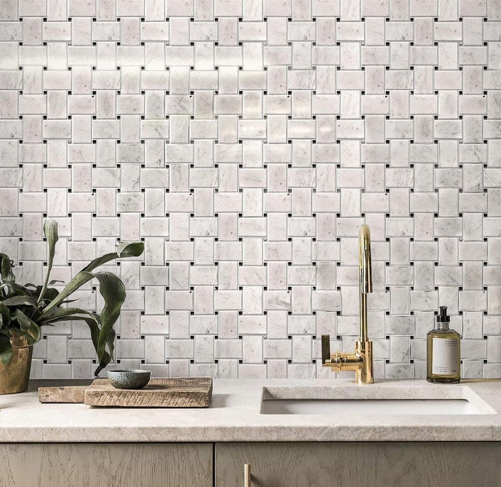 Large Basket Weave Carrara With Black Dot Polished Marble Tile kitchen backsplash