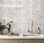 Large Basket Weave Carrara With Black Dot Polished Marble Tile kitchen backsplash