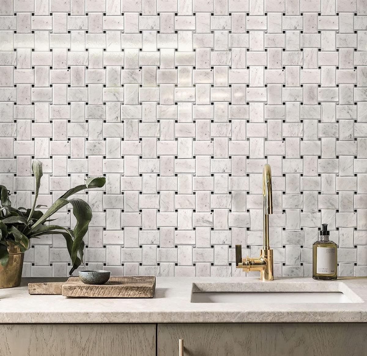 Large Basket Weave Carrara With Black Dot Polished Marble Tile kitchen backsplash