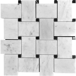 Large Basket Weave Carrara With Black Dot Polished Marble Tile Sample