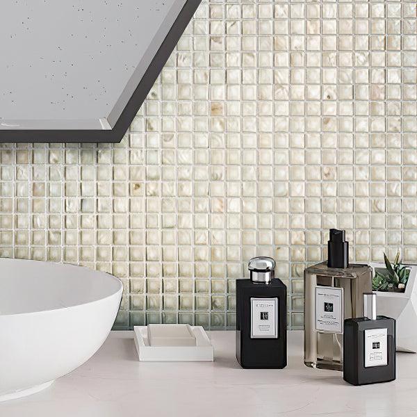 Large Pillow Mother of Pearl Mosaic Tile Bathroom Wall Close-up