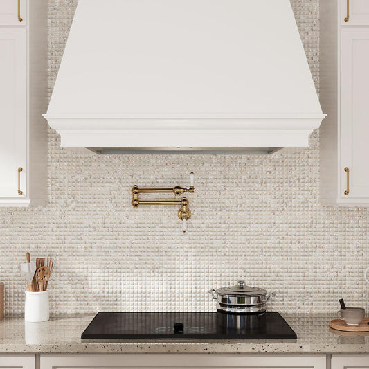 Square dimension shell tile backsplash for a decorative white kitchen