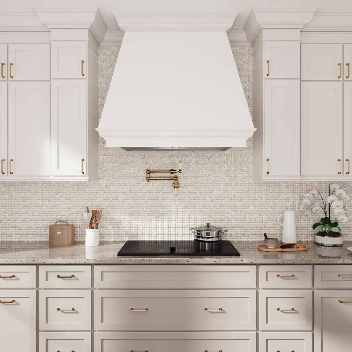 White and tan kitchen with Mother of Pearl backsplash tiles