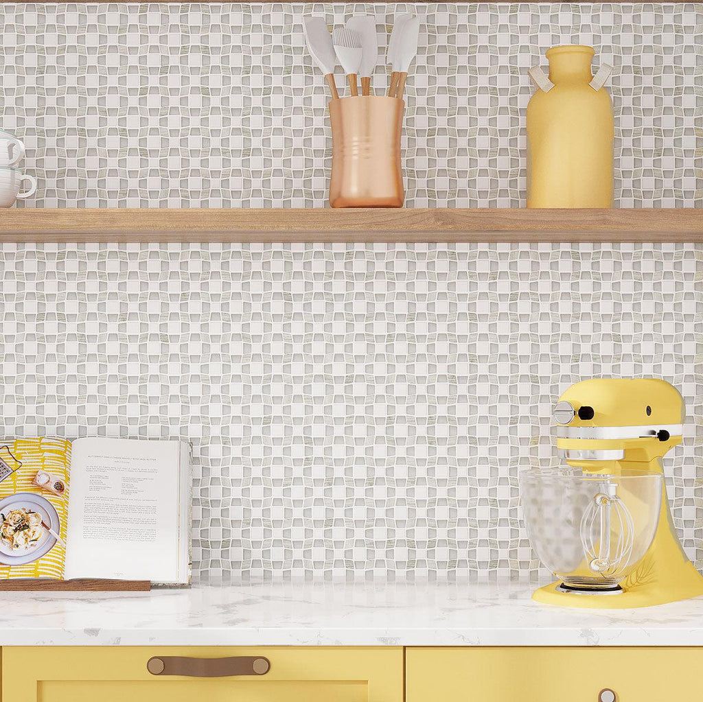Yellow, white and wood kitchen backsplash with marble mosaic wall tile