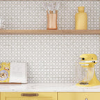 Yellow, white and wood kitchen backsplash with marble mosaic wall tile