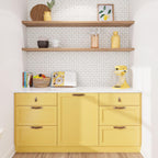 Bright and cheerful spring kitchen cupboards with a mini mosaic backsplash for texture and detail
