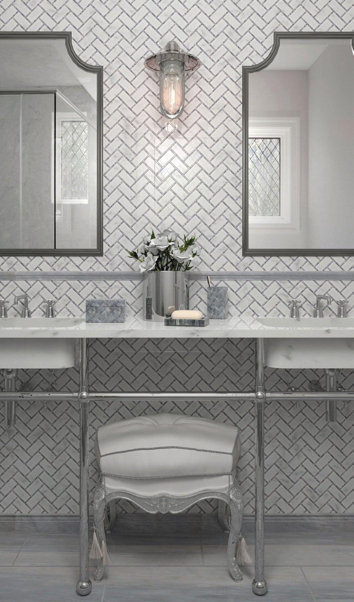Vintage Vanity Bathroom Backsplash with Lexington Gray Marble Mosaic Tile