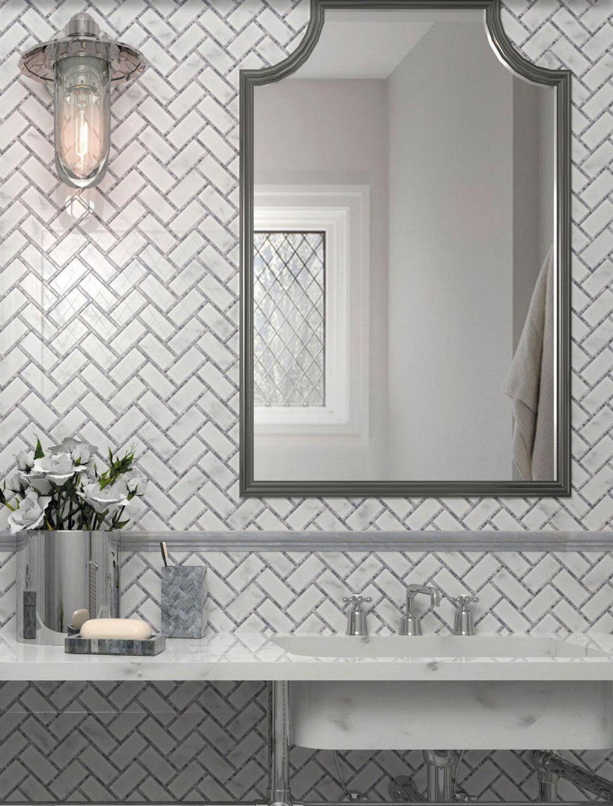 Vintage Bathroom Vanity with Herringbone Marble Mosaic Pattern Bacsksplash