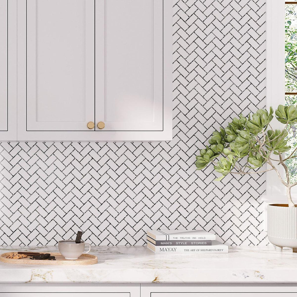 Light gray subway tile kitchen backsplash