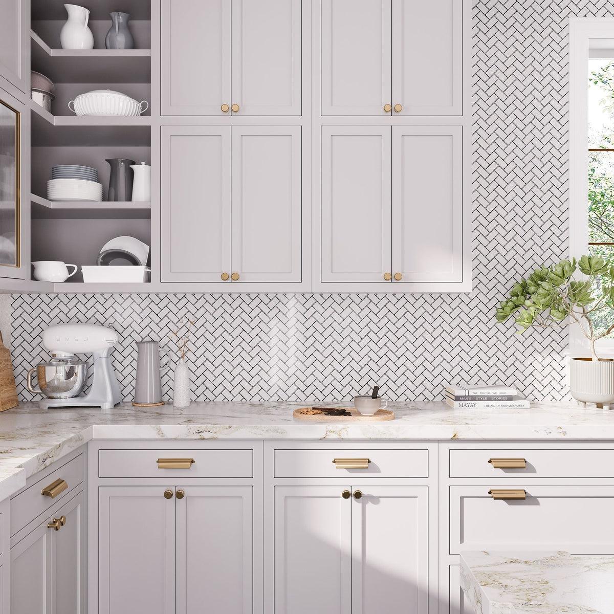 White kitchen with gray marble tile backsplash