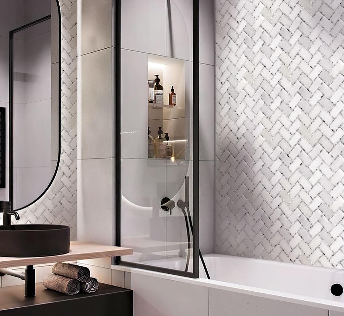 Lexington White Marble Mosaic Tile bathroom walls