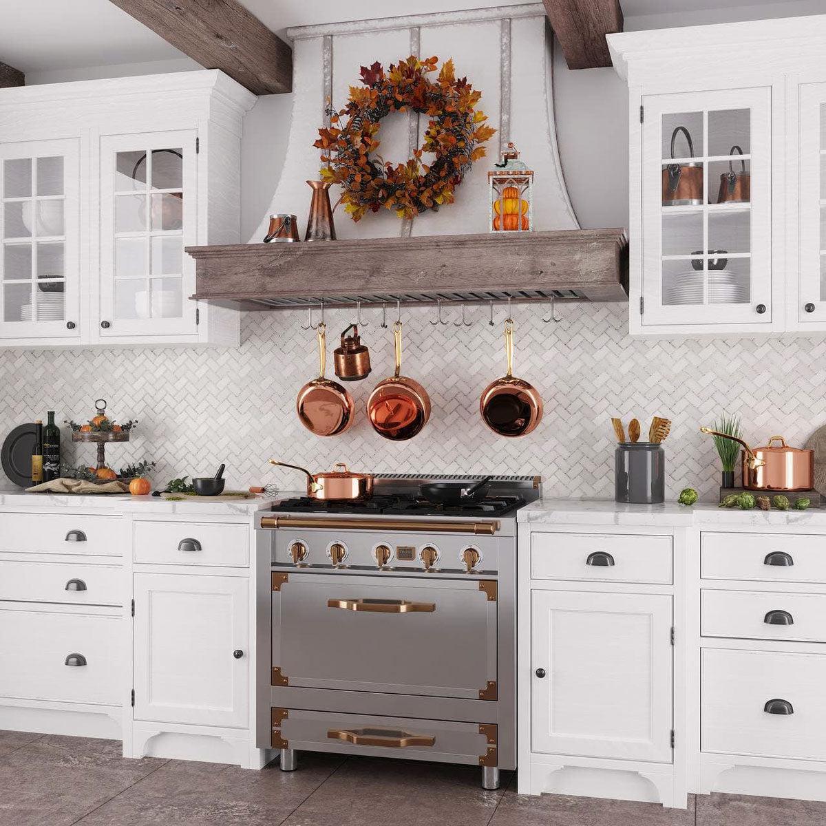 Cozy French Country Kitchen with Lexington White Marble Mosaic Tile Backsplash