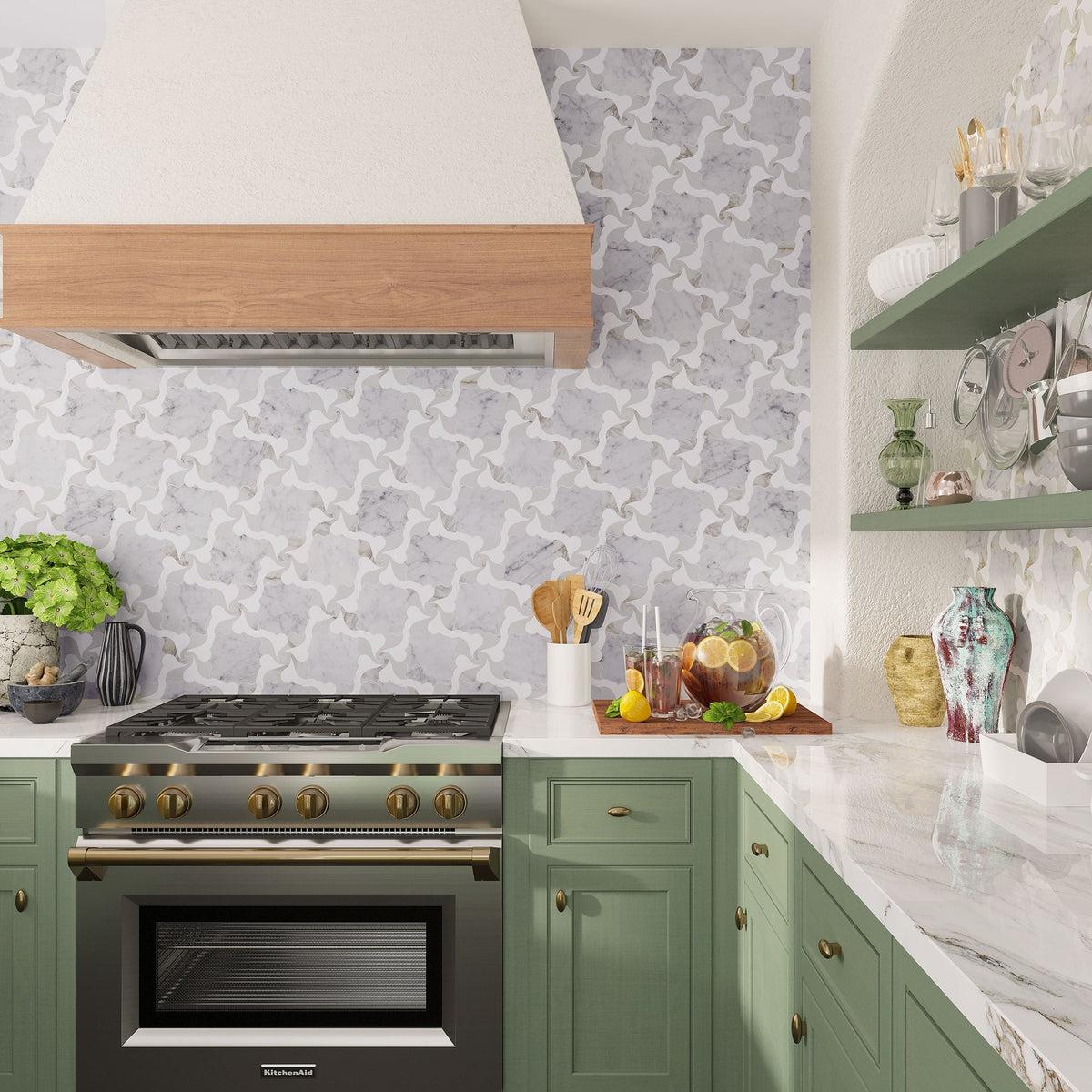 Green kitchen with white and gray marble tile backsplash