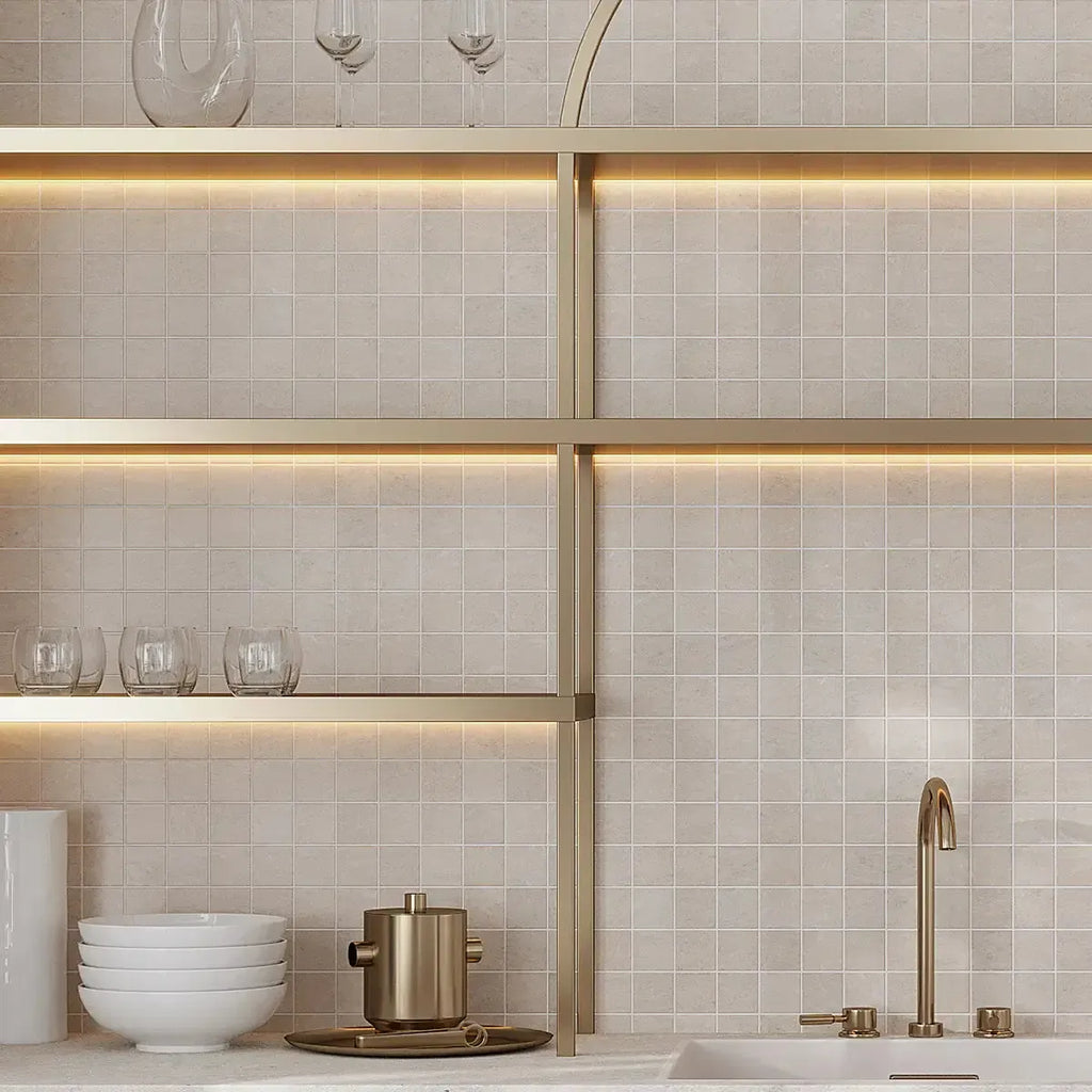 Lithia White Quartzite Look Porcelain Mosaic Tile Wet Bar Backsplash