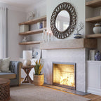 California Casual living room with Lexington White Marble Mosaic Tile Fireplace surround and Wood Beam Mantel