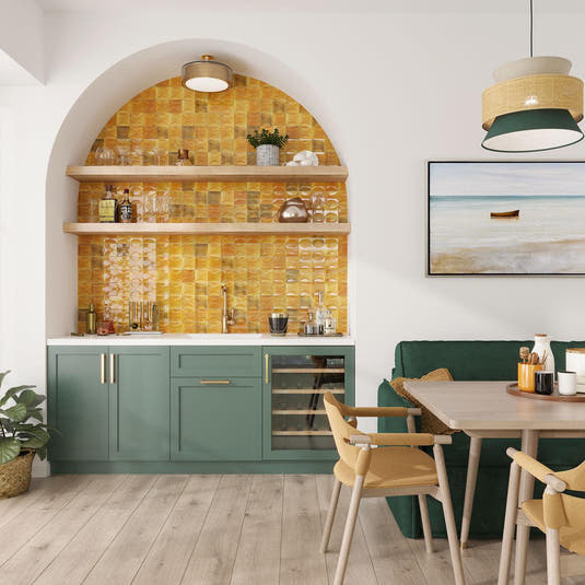 Desert modern wet bar backsplash with Luna Arc Caramel decorative tiles