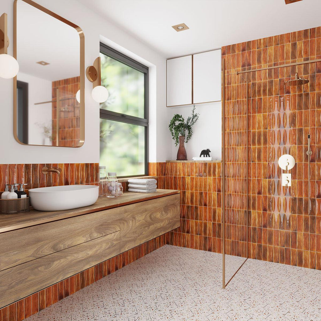 Desert Modern shower enclosure with Luna Arc ceramic subway tile walls and terrazzo floors