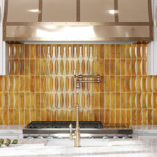 Luna Arc Caramel Textured Ceramic Subway Tile Backsplash