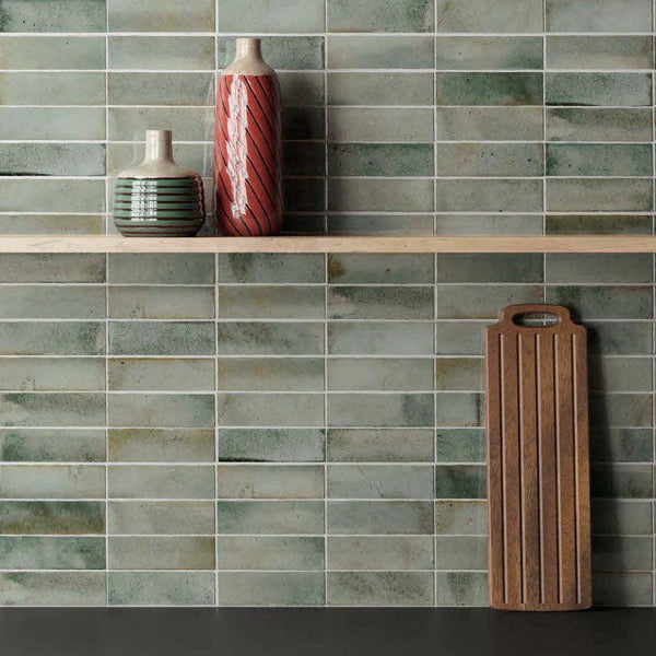 Luna Celadon 2.5x8 Ceramic Subway Tiles | Zellige Wall Tiles