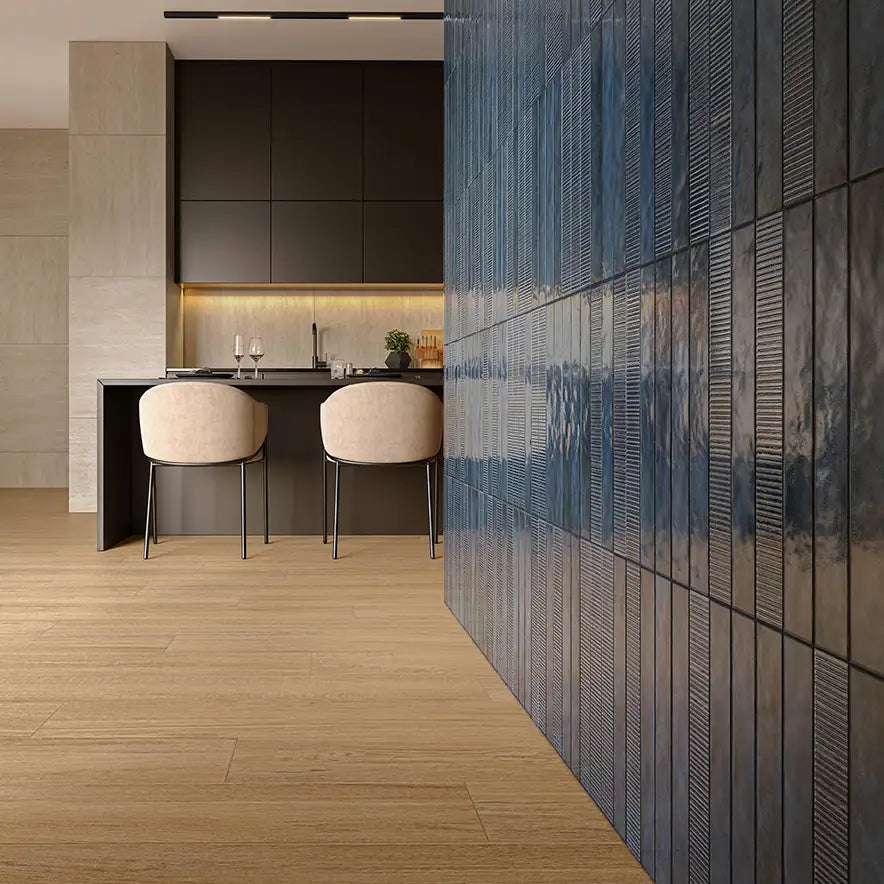 Malden Ridged Naval Gloss Ceramic Tile 2"x17" | Tile Club