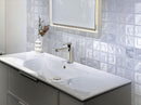 White & Brass Bathroom with Mallorca Blue Ceramic Tile Backsplash