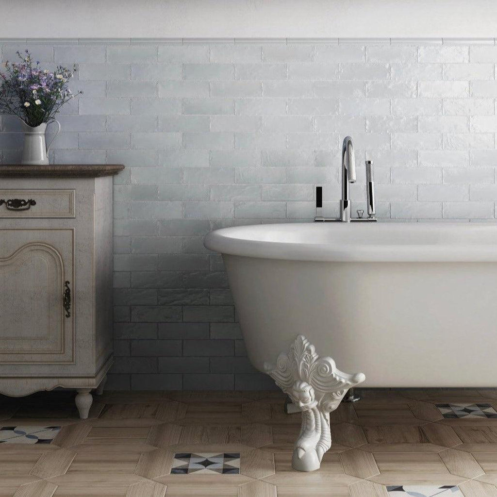 mallorca blue glazed ceramic subway tile vintage bathroom wall