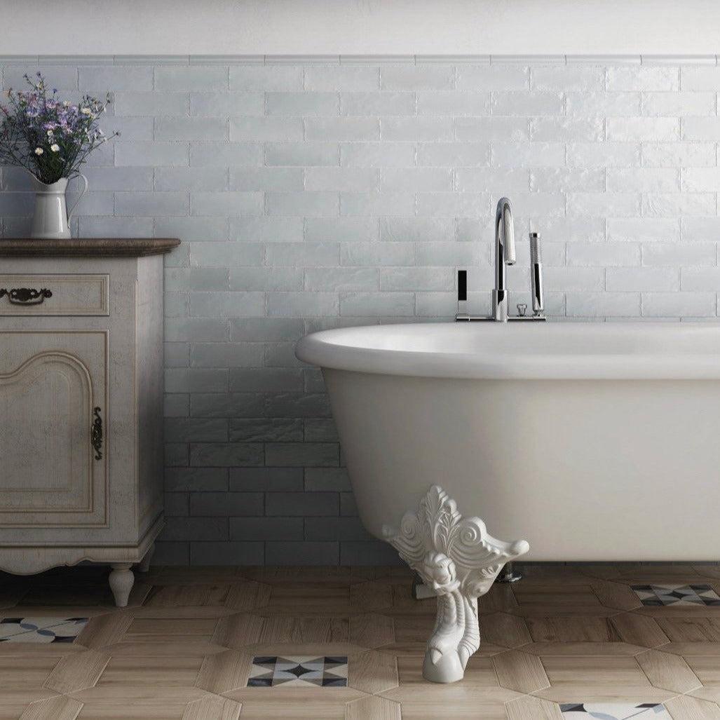 mallorca blue glazed ceramic subway tile vintage bathroom wall