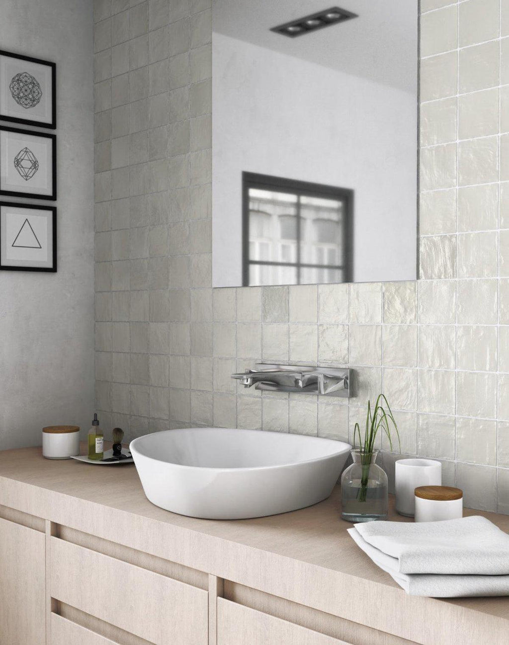 Mallorca Green Ceramic Tile for a Modern Minimalist Bathroom with Natural Wood Accents