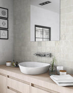 Mallorca Green Ceramic Tile for a Modern Minimalist Bathroom with Natural Wood Accents