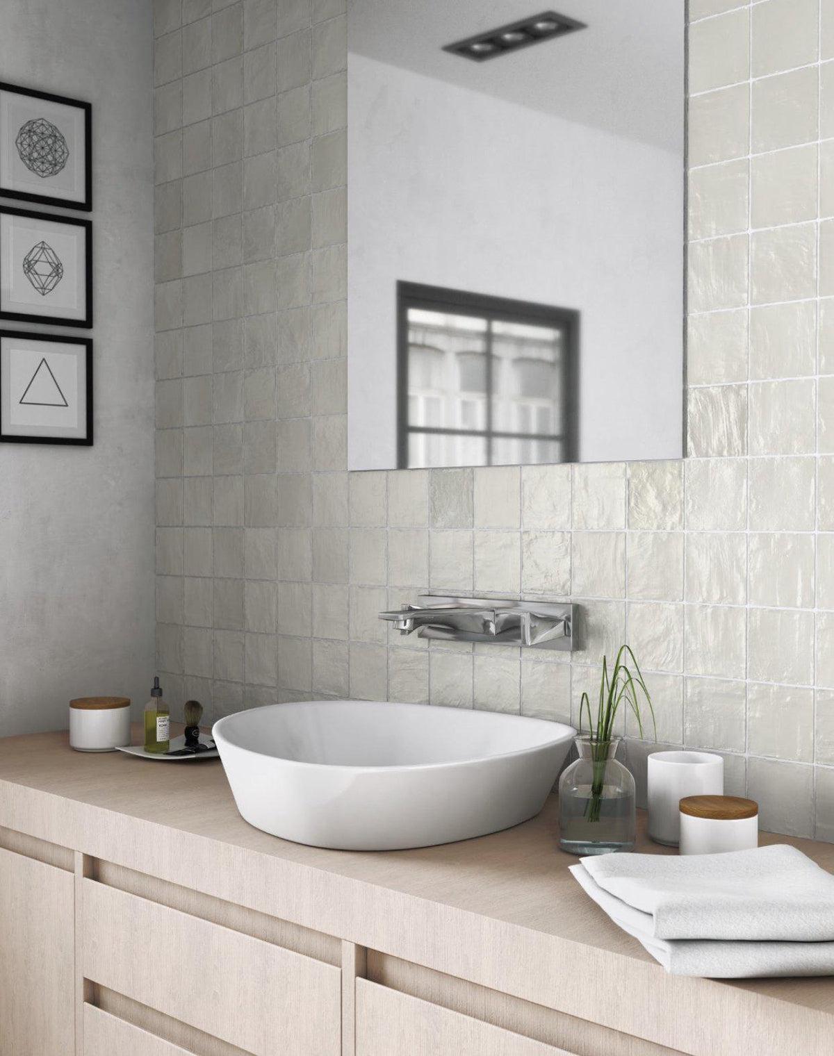 Mallorca Green Ceramic Tile for a Modern Minimalist Bathroom with Natural Wood Accents