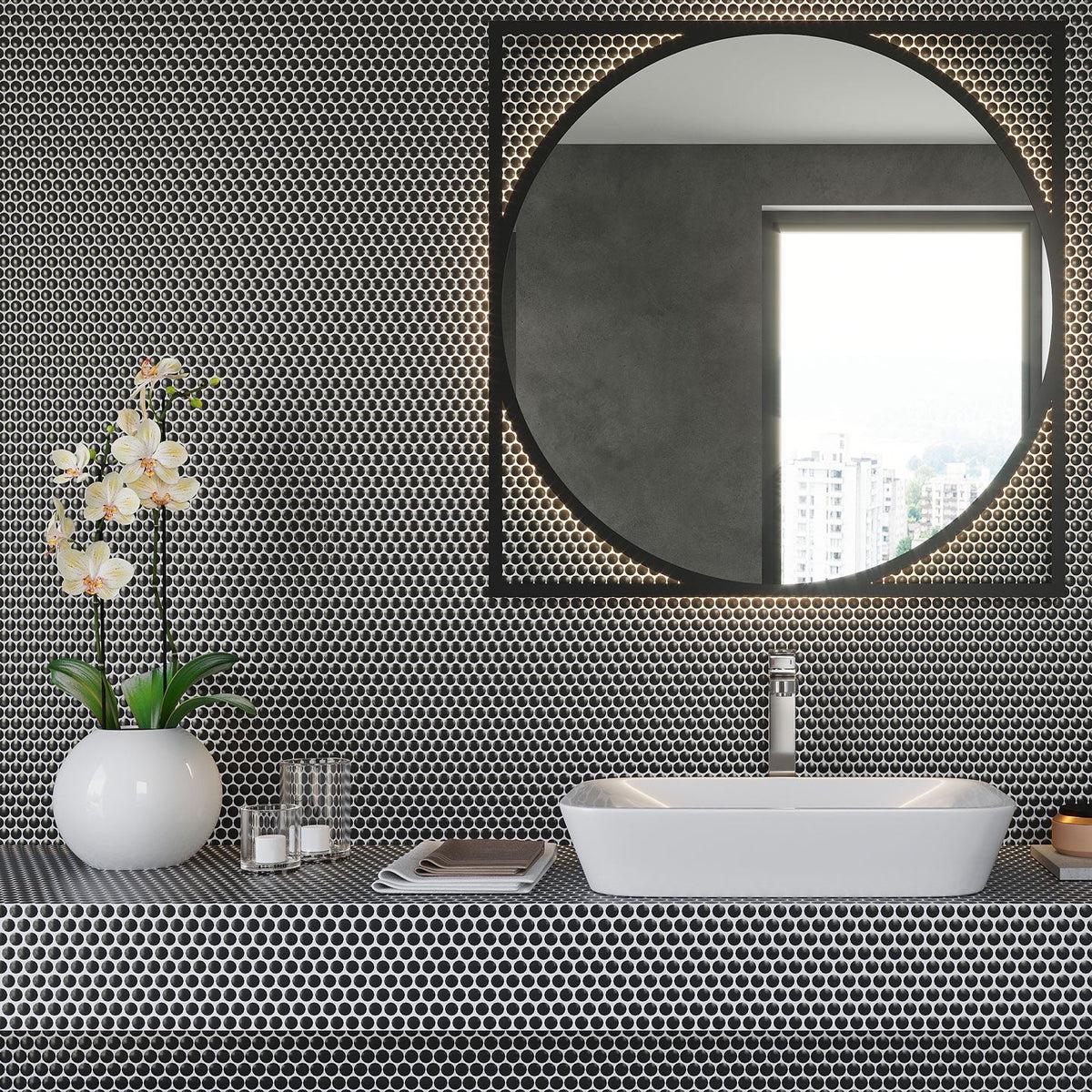 Modern bathroom with matte black penny round tile wall