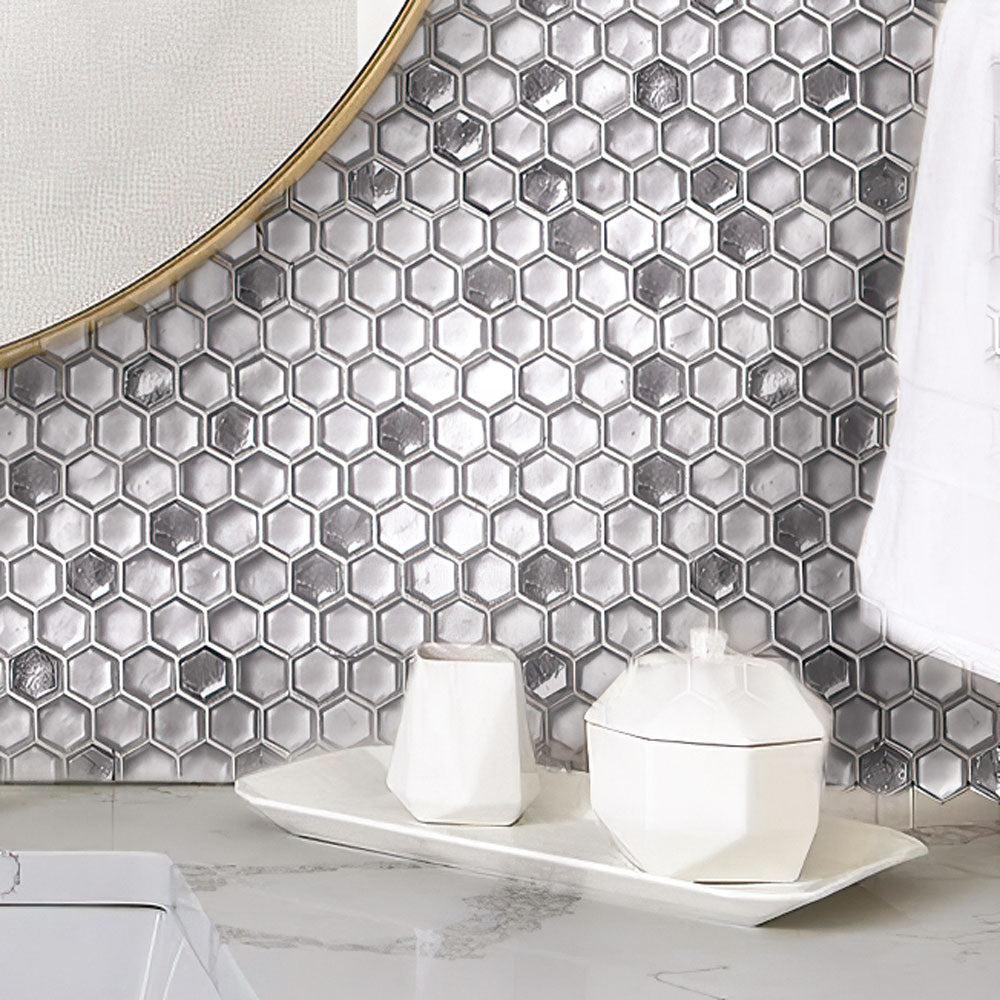 Matte Silver Hexagon Glass Mosaic Tile Close-up