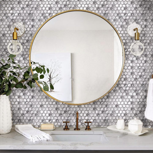 Matte Silver Hexagon Glass Mosaic Tile bathroom backsplash