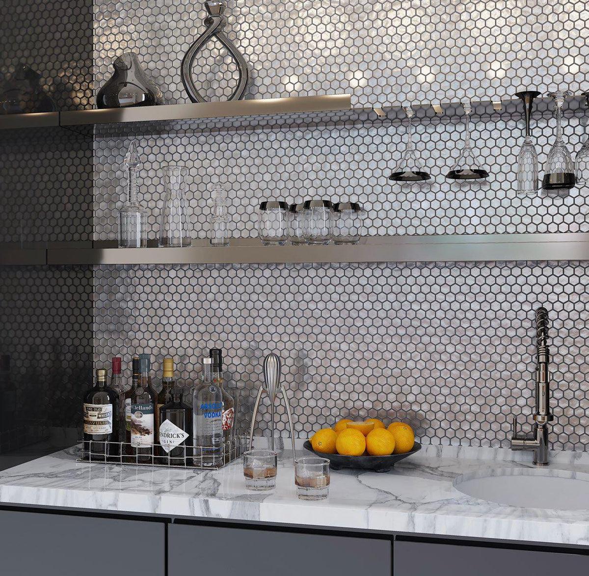 Matte Silver Hexagon Glass Mosaic Tile for a Wetbar Backsplash with Marble and Chrome