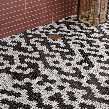 Meadow Black and White Flower Marble Mosaic Tile