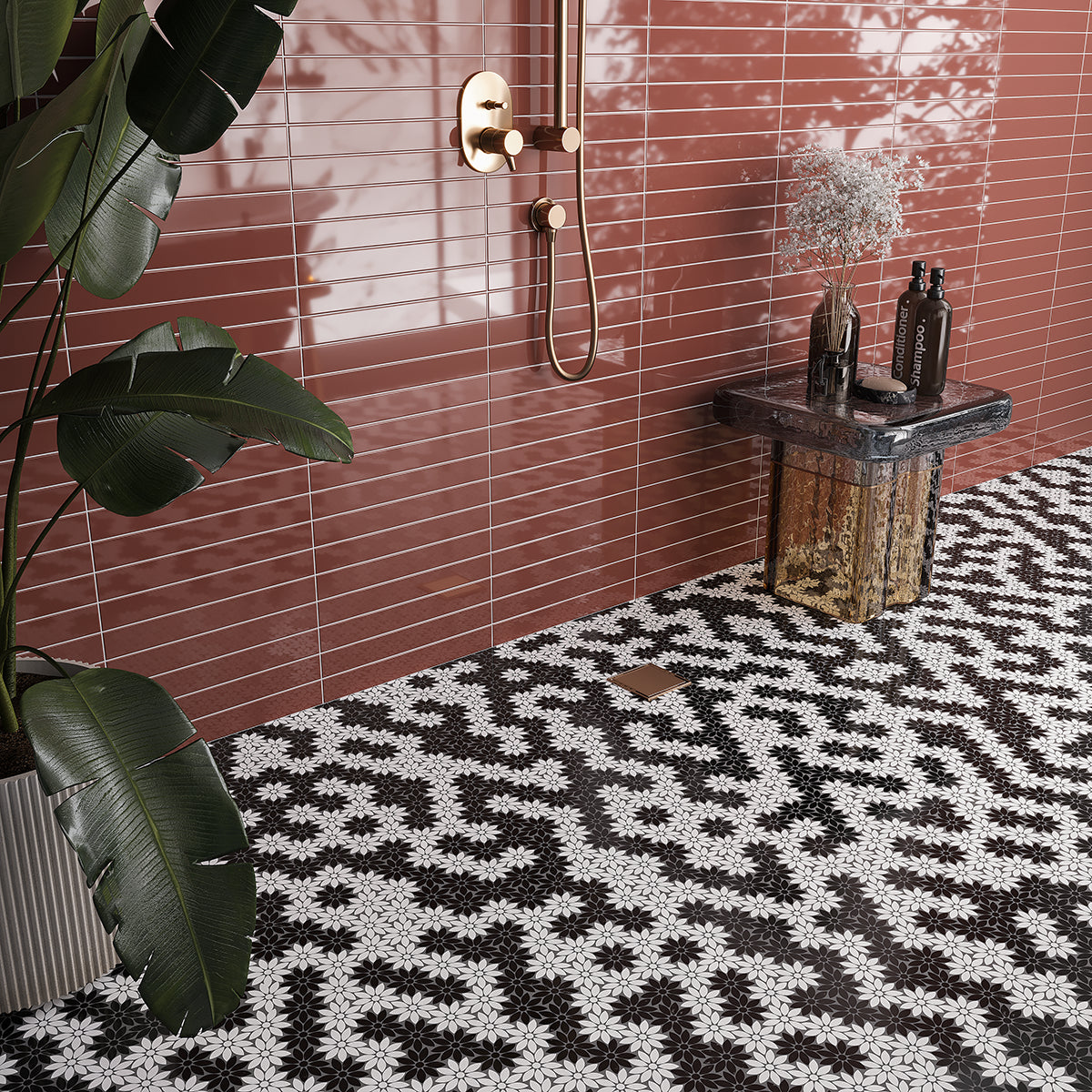 Meadow Black and White Flower Marble Mosaic Tile | Tile Club