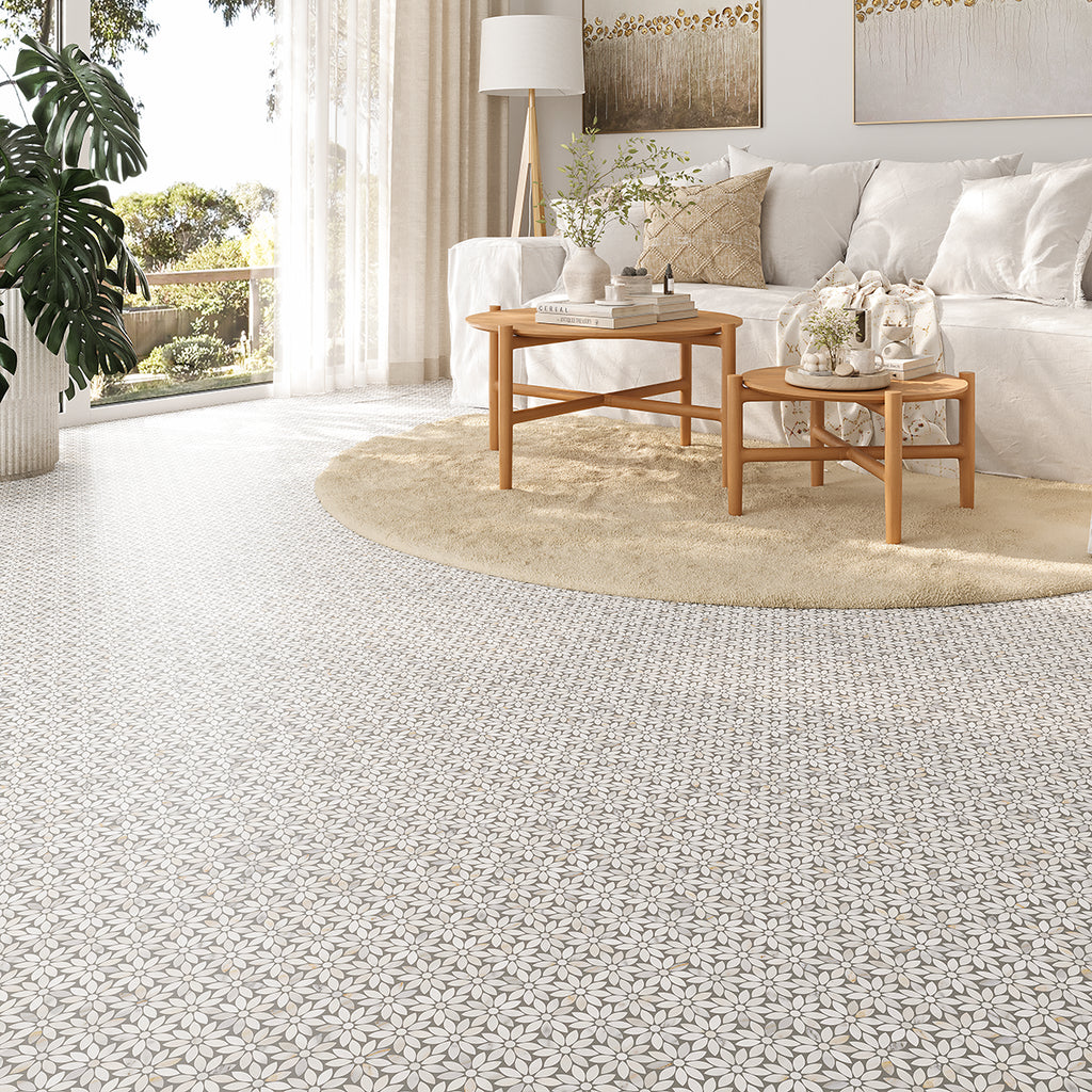 Meadow Calacatta Gold Flower Marble Mosaic Tile | Tile Club