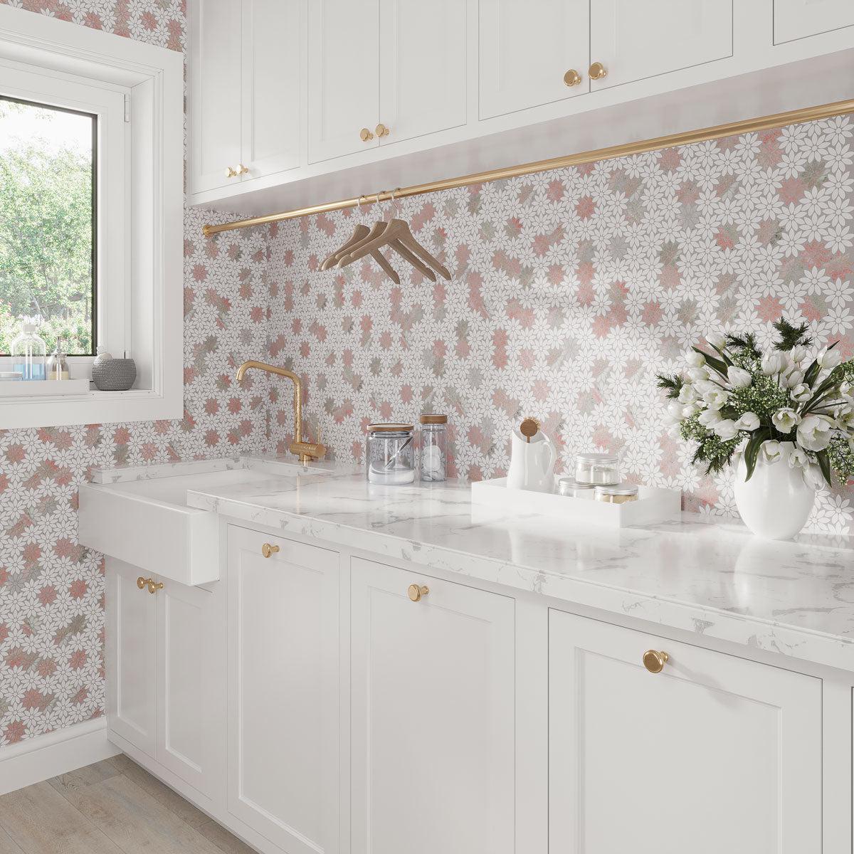 Meadow Norwegian Rose Flower Marble Mosaic Tile | Tile Club