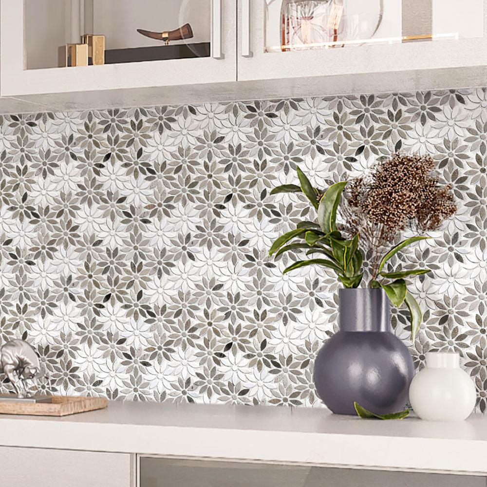 Meadow Wooden Flower Marble Mosaic Tile | Tile Club