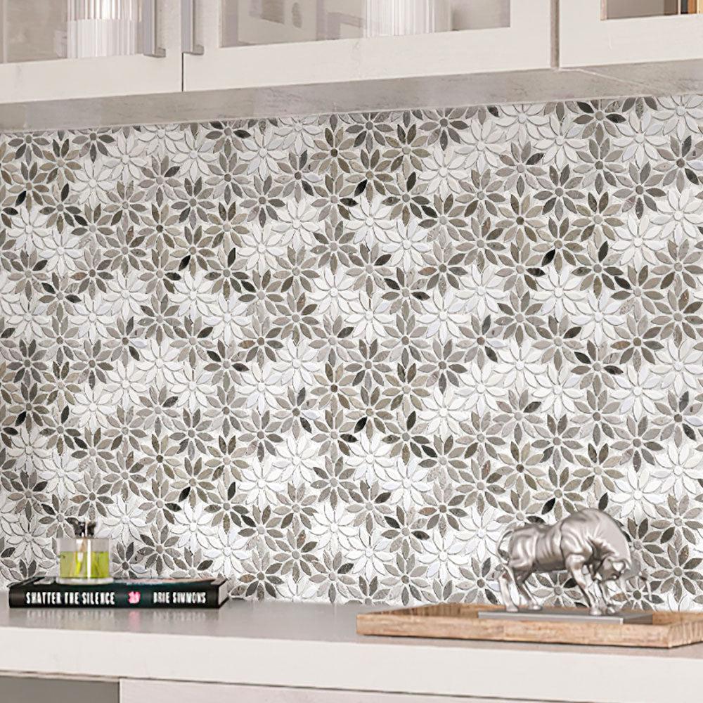 Meadow Wooden Flower Marble Mosaic Tile | Tile Club