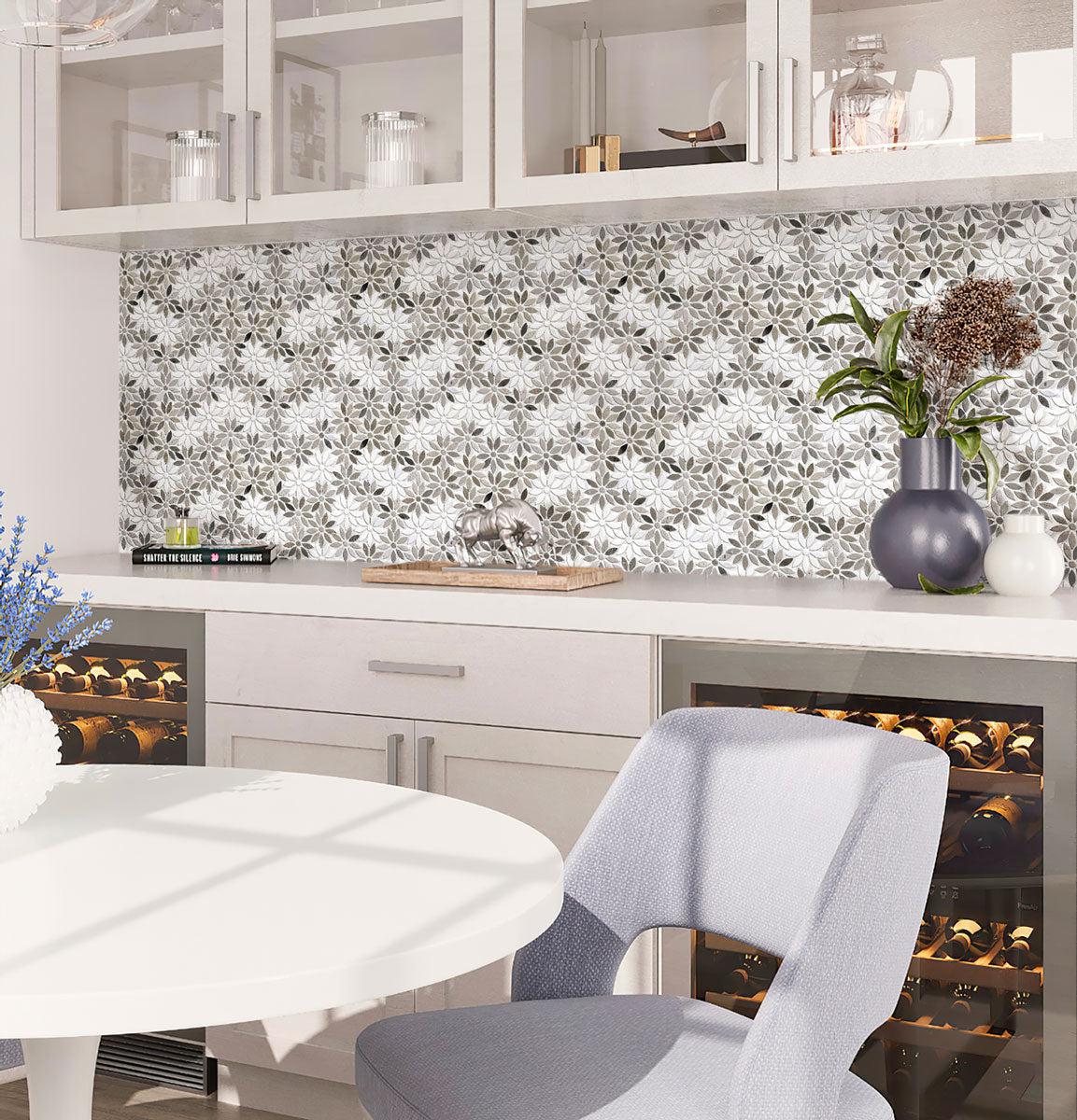Meadow Wooden Flower Marble Mosaic Tile pantry backsplash