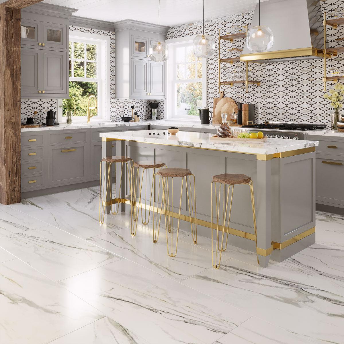 Medieval Diamonds Calacatta Gold & Lagos Azul Mosaic Tile | Tile Club